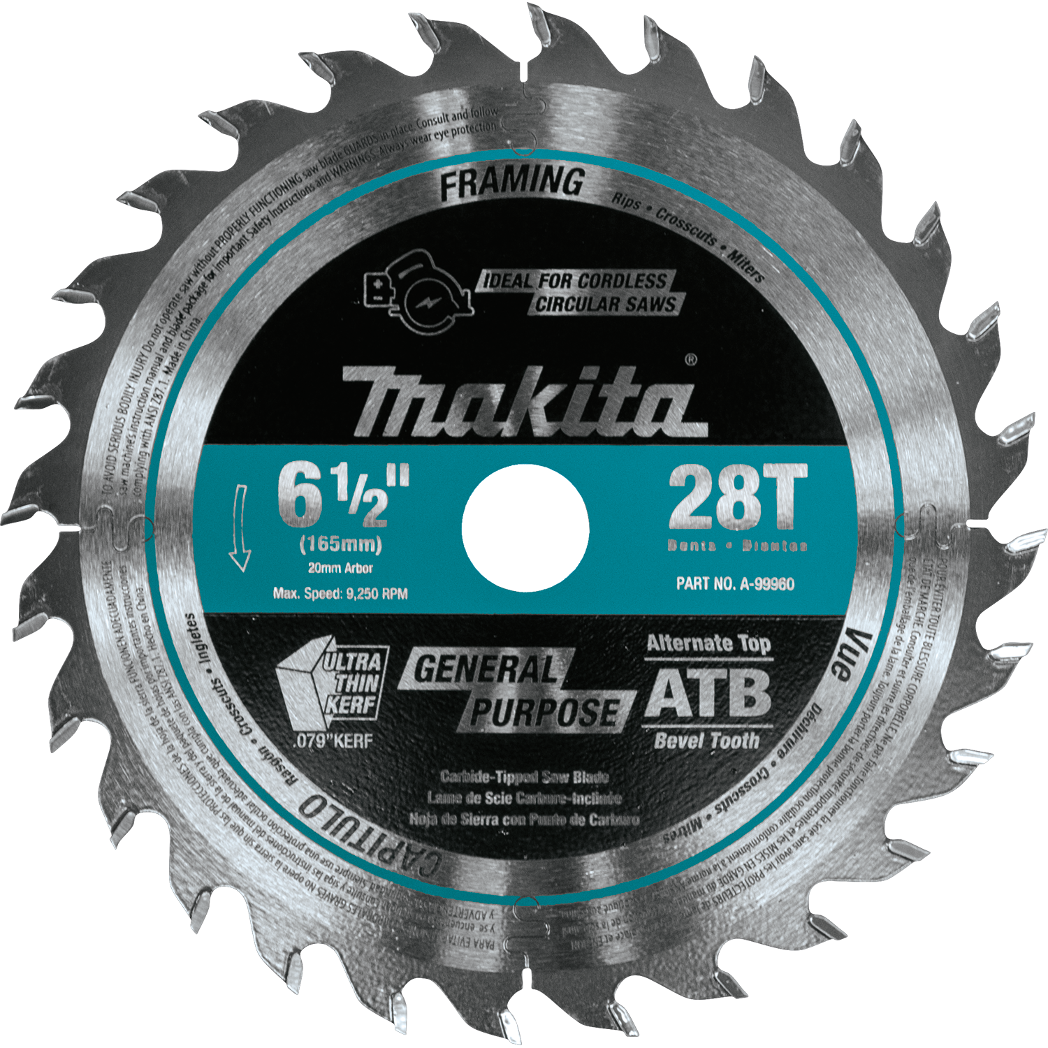Makita A-99960 6‑1/2" 28T Carbide‑Tipped Cordless Plunge Saw Blade
