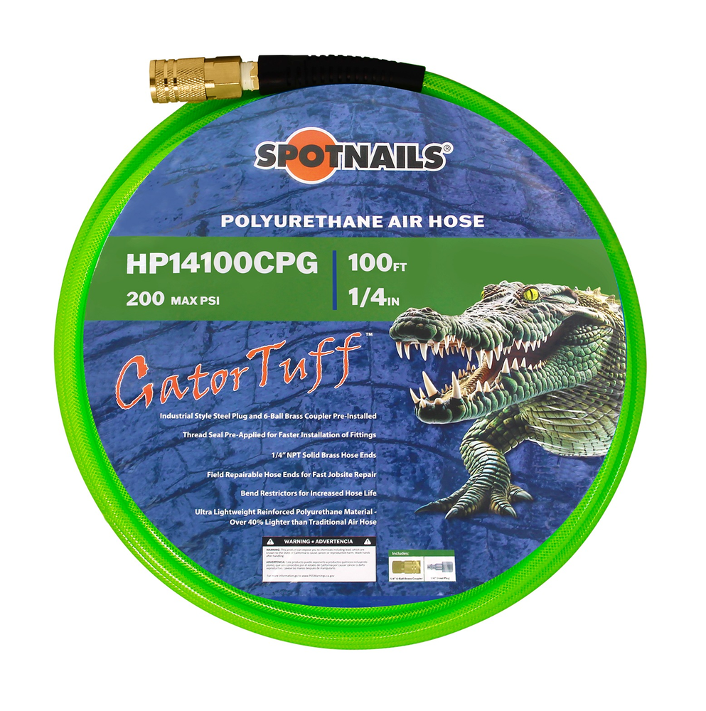 SPOTNAILS HP14100CPG 1/4" x 100' Polyurethane Air Hose with Fittings-Green