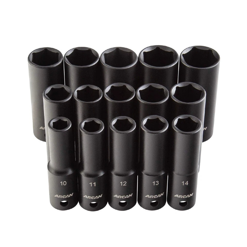 ARCAN TOOLS 1/2 Inch Drive Deep Impact Socket Set, Metric, 10mm - 24mm, Cr-V, 15-Piece (AS21215MD)