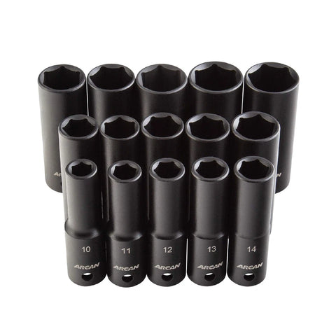 ARCAN TOOLS 1/2 Inch Drive Deep Impact Socket Set, Metric, 10mm - 24mm, Cr-V, 15-Piece (AS21215MD)