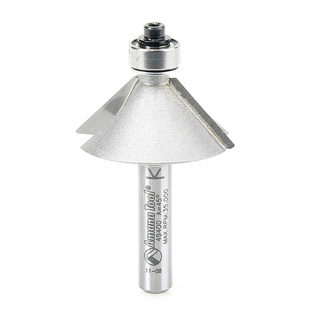 Amana Tool 49400 Carbide Tipped Chamfer 45 Degree x 1-1/4 D x 1/2 CH x 1/4 Inch SHK w/ Lower Ball Bearing Router Bit