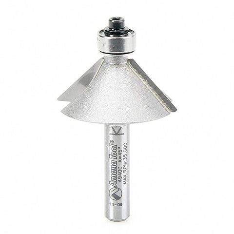 Amana Tool 49400 Carbide Tipped Chamfer 45 Degree x 1-1/4 D x 1/2 CH x 1/4 Inch SHK w/ Lower Ball Bearing Router Bit