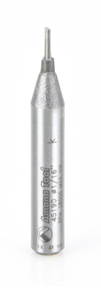 Amana Tool 45190 Solid Carbide Cutting Edge Straight Plunge High Production 1/16 D x 3/16 CH x 1/4 SHK x 1-5/8 Inch Long Router Bit
