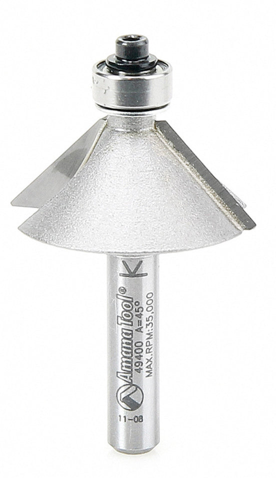 Amana Tool 49400 Carbide Tipped Chamfer 45 Degree x 1-1/4 D x 1/2 CH x 1/4 Inch SHK w/ Lower Ball Bearing Router Bit