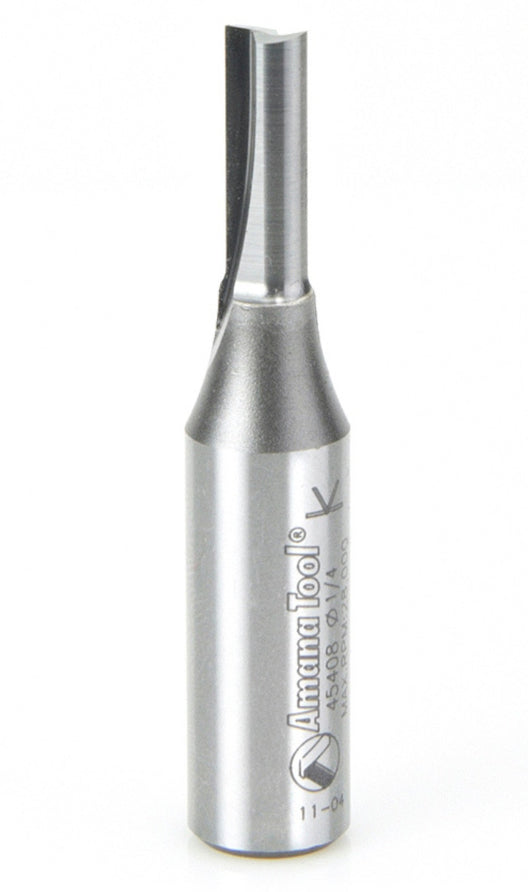 Amana Tool 45408 Solid Carbide Cutting Edge Straight Plunge High Production 1/4 D x 3/4 CH x 2-1/2 Long 1/2 Inch SHK Router Bit