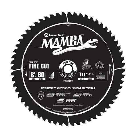 Amana Tool MA8560 Carbide Tipped Thin Kerf Fine Cut Mamba Contractor Series 8-1/2 Inch Dia x 60T, ATB+F, 8 Deg, 5/8 Bore Circular Saw Blade