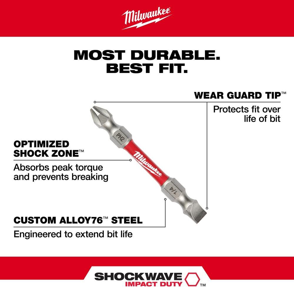 Milwaukee 48-32-4310 Shockwave #2 Phillips And 1/4" Slotted Power Double-End Screwdriver Bit