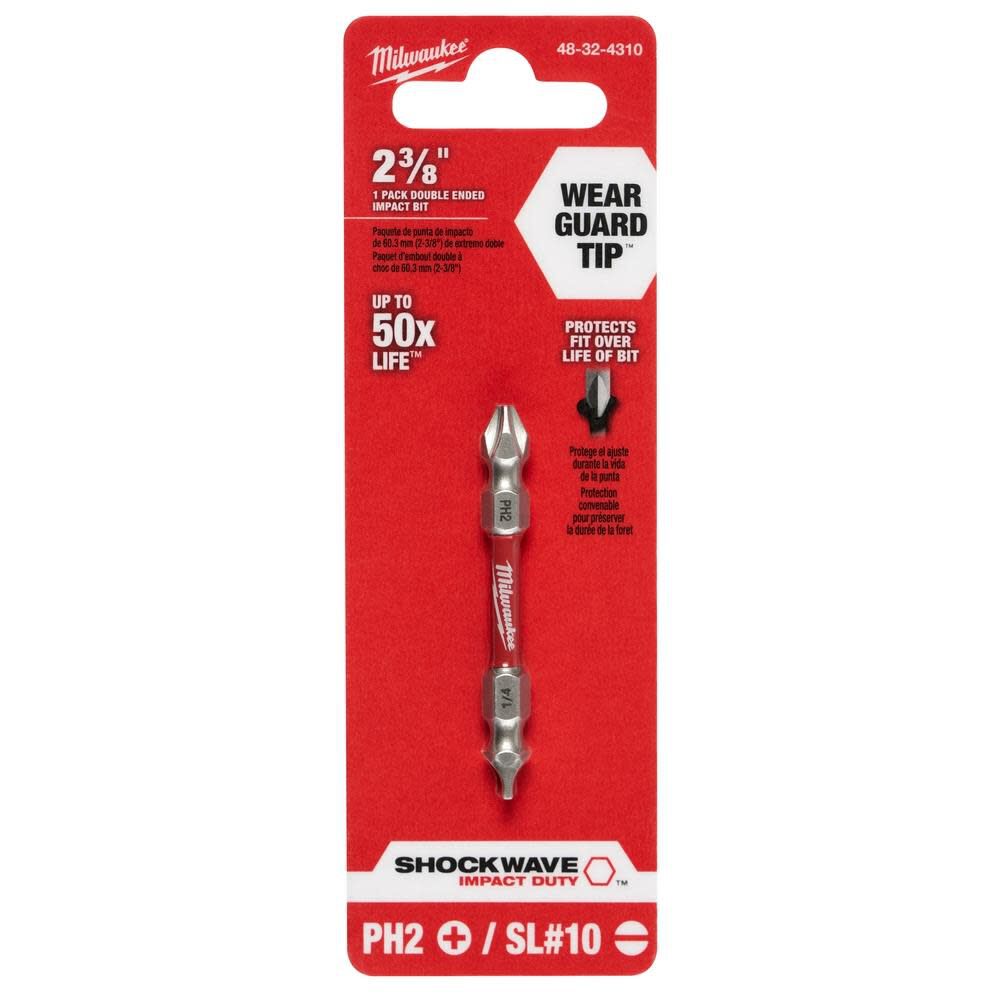 Milwaukee 48-32-4310 Shockwave #2 Phillips And 1/4" Slotted Power Double-End Screwdriver Bit