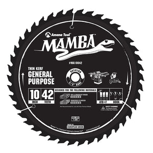 Amana Tool MA10042 Carbide Tipped Thin Kerf General Purpose Mamba Contractor Series 10 Inch Dia x 42T, ATB+F, 15 Deg, 5/8 Bore Circular Saw Blade